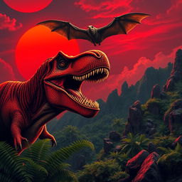 A colossal T-Rex roaring powerfully under a striking blood-red sunset, with its sharp teeth glinting prominently in the dramatic light