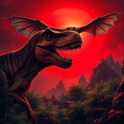 A colossal T-Rex roaring powerfully under a striking blood-red sunset, with its sharp teeth glinting prominently in the dramatic light