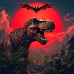 A colossal T-Rex roaring powerfully under a striking blood-red sunset, with its sharp teeth glinting prominently in the dramatic light