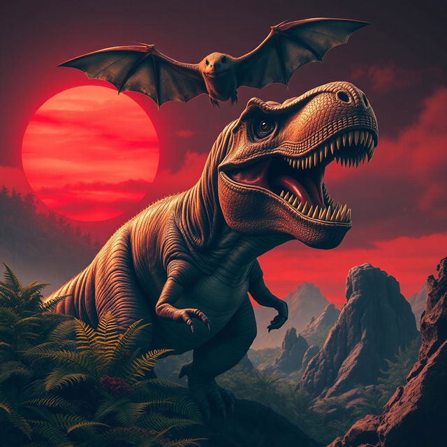 A colossal T-Rex roaring powerfully under a striking blood-red sunset, with its sharp teeth glinting prominently in the dramatic light