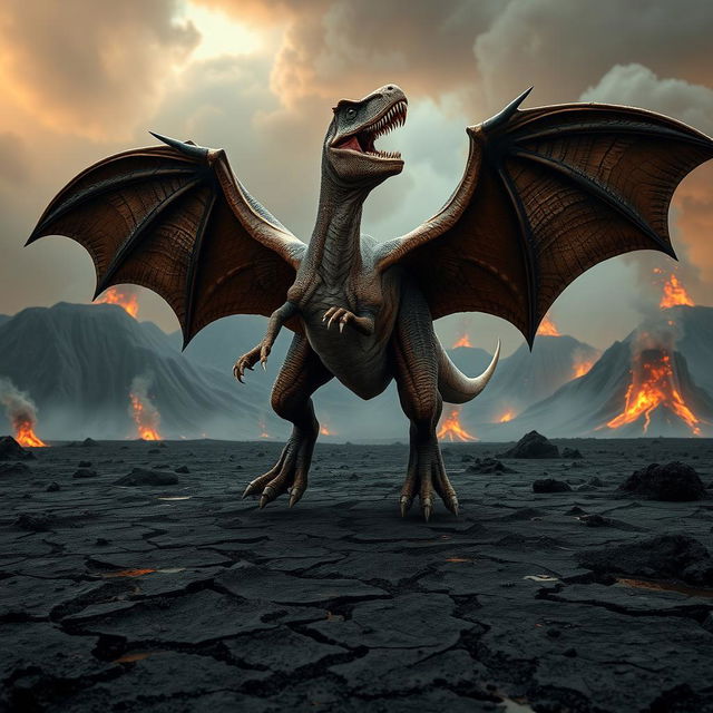 A hybrid T-Rex with massive, leathery bat wings fully spread, preparing to take flight above a dramatic volcanic wasteland