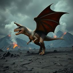 A hybrid T-Rex with massive, leathery bat wings fully spread, preparing to take flight above a dramatic volcanic wasteland