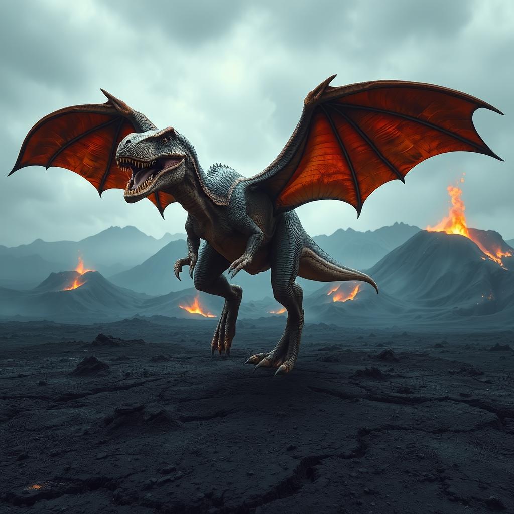 A hybrid T-Rex with massive, leathery bat wings fully spread, preparing to take flight above a dramatic volcanic wasteland