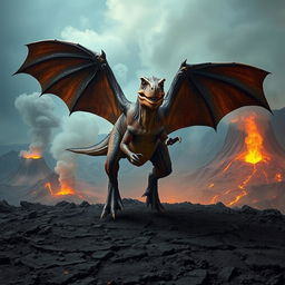 A hybrid T-Rex with massive, leathery bat wings fully spread, preparing to take flight above a dramatic volcanic wasteland