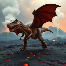 A hybrid T-Rex with massive, leathery bat wings fully spread, poised to take flight above a striking volcanic wasteland