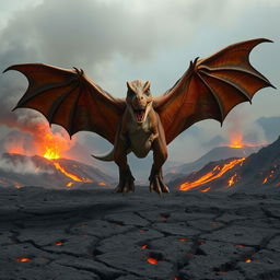 A hybrid T-Rex with massive, leathery bat wings fully spread, poised to take flight above a striking volcanic wasteland
