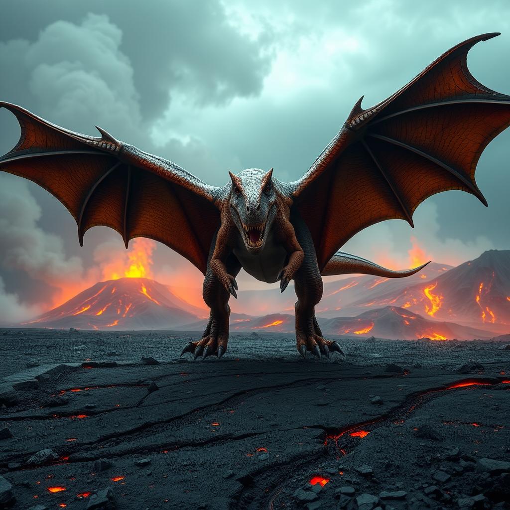 A hybrid T-Rex with massive, leathery bat wings fully spread, poised to take flight above a striking volcanic wasteland