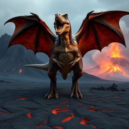 A hybrid T-Rex with massive, leathery bat wings fully spread, poised to take flight above a striking volcanic wasteland