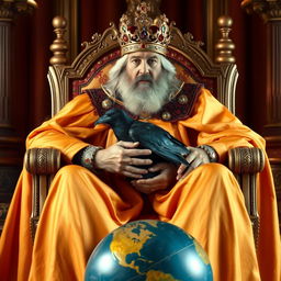 A regal king seated in an ornate chair, wearing luxurious saffron-colored robes that drape elegantly