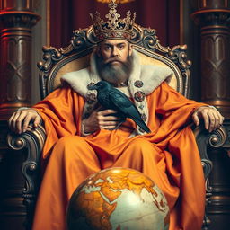 A regal king seated in an ornate chair, wearing luxurious saffron-colored robes that drape elegantly