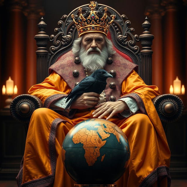 A regal king seated in an ornate chair, wearing luxurious saffron-colored robes that drape elegantly