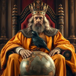 A regal king seated in an ornate chair, wearing luxurious saffron-colored robes that drape elegantly