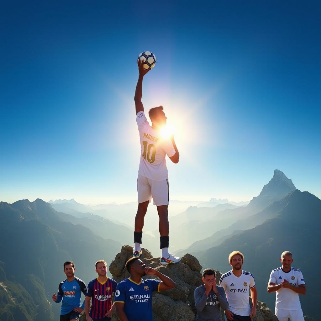 Vinicius Junior triumphantly stands on top of a majestic mountain, holding a football high above his head, wearing a Real Madrid jersey