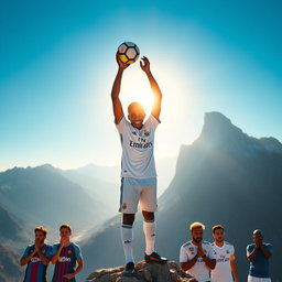 Vinicius Junior triumphantly stands on top of a majestic mountain, holding a football high above his head, wearing a Real Madrid jersey