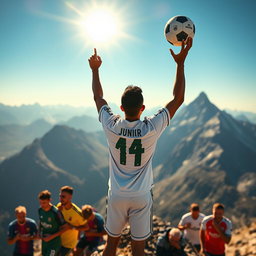 Vinicius Junior triumphantly stands on top of a majestic mountain, holding a football high above his head, wearing a Real Madrid jersey