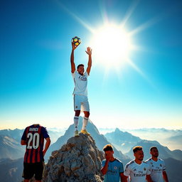 Vinicius Junior triumphantly stands on top of a majestic mountain, holding a football high above his head, wearing a Real Madrid jersey