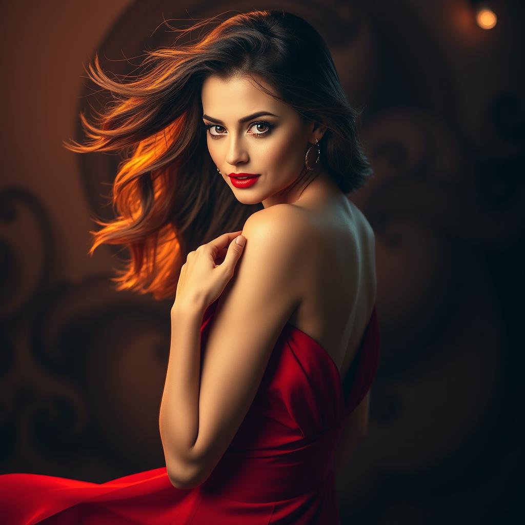 A captivatingly beautiful woman gracefully posed while wearing a striking hot red dress that elegantly drapes and flows around her