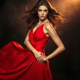 A captivatingly beautiful woman gracefully posed while wearing a striking hot red dress that elegantly drapes and flows around her