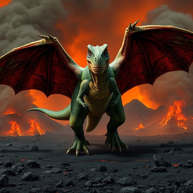 A hybrid T-Rex with massive, leathery bat wings, spreading them wide as it prepares to take flight above a volcanic wasteland