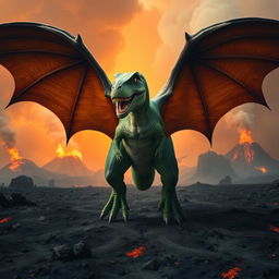 A hybrid T-Rex with massive, leathery bat wings, spreading them wide as it prepares to take flight above a volcanic wasteland