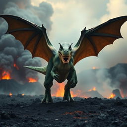 A hybrid T-Rex with massive, leathery bat wings, spreading them wide as it prepares to take flight above a volcanic wasteland