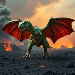 A hybrid T-Rex with massive, leathery bat wings, spreading them wide as it prepares to take flight above a volcanic wasteland