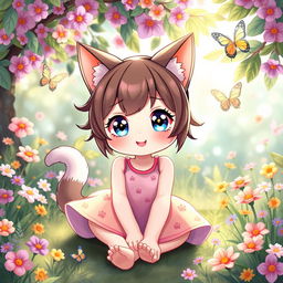 A cute Neko girl with cat ears and a playful expression, featuring large sparkling eyes, soft pastel colors, and a fluffy tail, sitting playfully in an enchanting garden filled with colorful flowers, butterflies fluttering around, and a soft sunlight filtering through the leaves