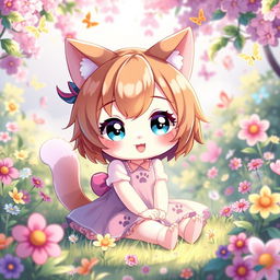 A cute Neko girl with cat ears and a playful expression, featuring large sparkling eyes, soft pastel colors, and a fluffy tail, sitting playfully in an enchanting garden filled with colorful flowers, butterflies fluttering around, and a soft sunlight filtering through the leaves