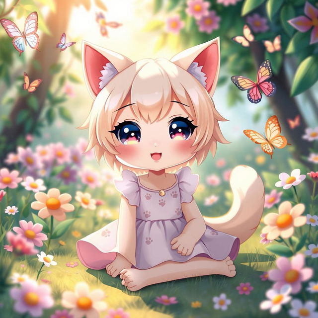 A cute Neko girl with cat ears and a playful expression, featuring large sparkling eyes, soft pastel colors, and a fluffy tail, sitting playfully in an enchanting garden filled with colorful flowers, butterflies fluttering around, and a soft sunlight filtering through the leaves