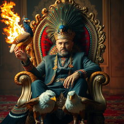 A magnificent scene featuring a man sitting confidently on a lavish chair, designed with intricate patterns and vibrant colors