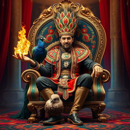 A magnificent scene featuring a man sitting confidently on a lavish chair, designed with intricate patterns and vibrant colors