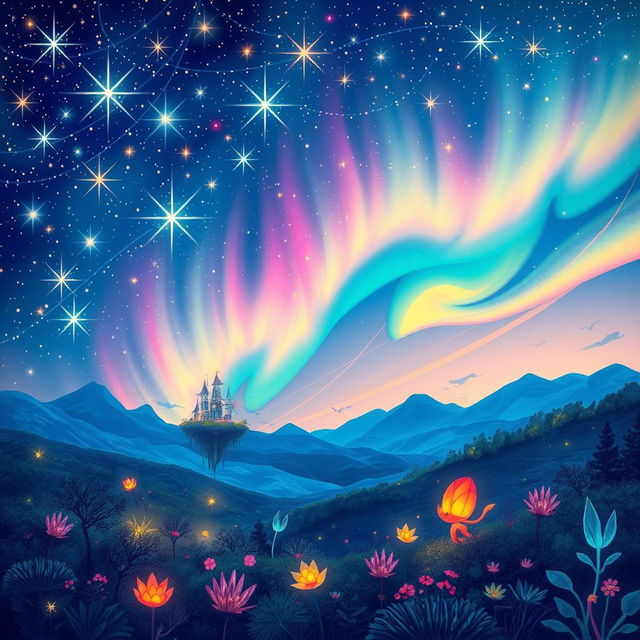 A vibrant and colorful night sky filled with an array of bright stars twinkling like diamonds against a deep blue backdrop, wisps of colorful auroras dance across the horizon, casting a magical glow over an enchanting landscape below