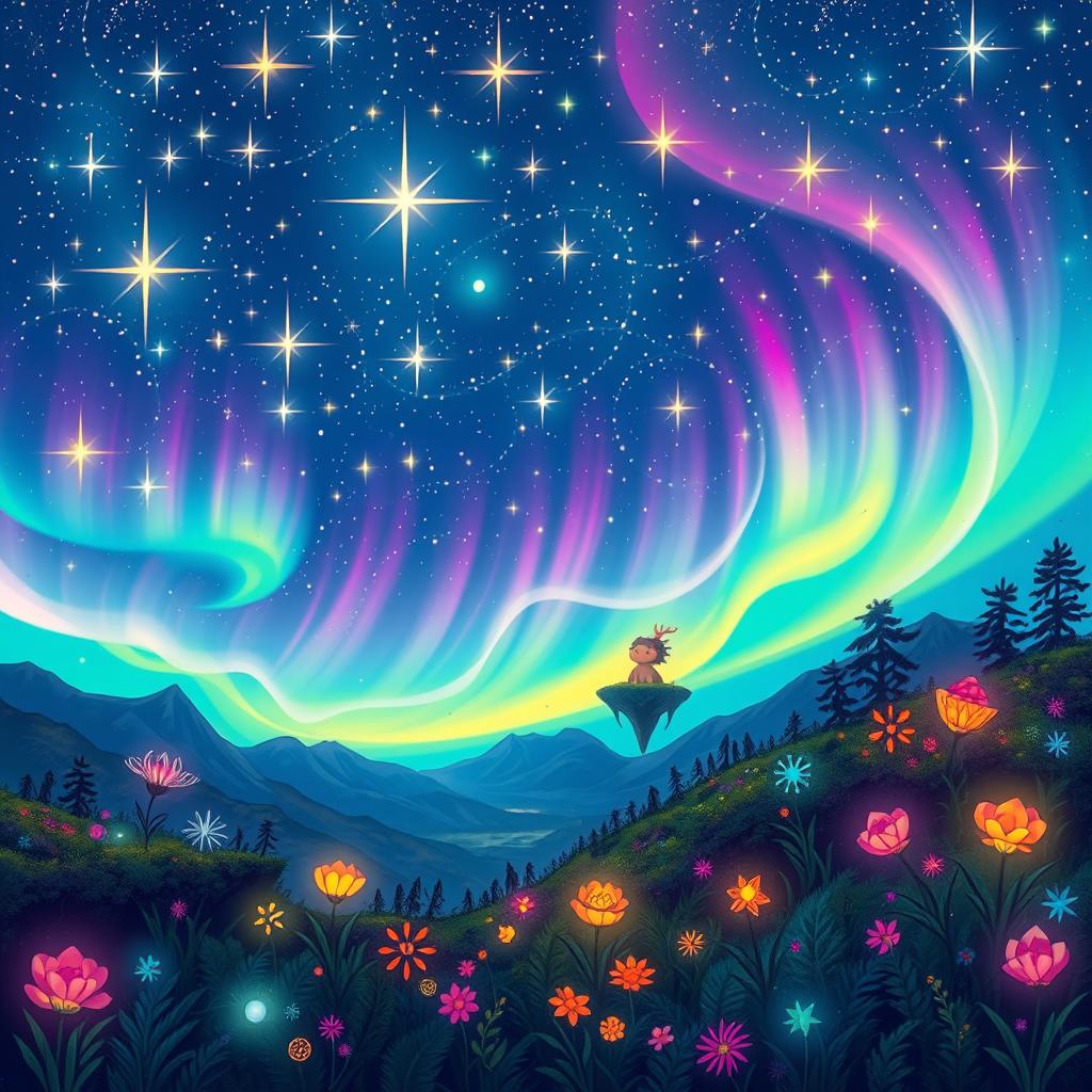 A vibrant and colorful night sky filled with an array of bright stars twinkling like diamonds against a deep blue backdrop, wisps of colorful auroras dance across the horizon, casting a magical glow over an enchanting landscape below