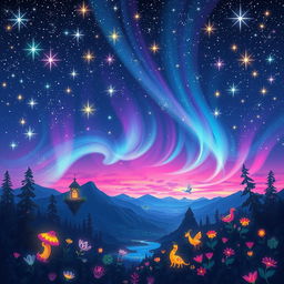 A vibrant and colorful night sky filled with an array of bright stars twinkling like diamonds against a deep blue backdrop, wisps of colorful auroras dance across the horizon, casting a magical glow over an enchanting landscape below