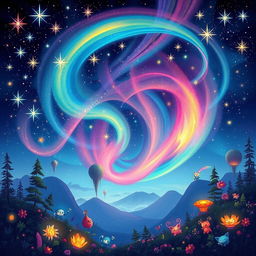 A vibrant and colorful night sky filled with an array of bright stars twinkling like diamonds against a deep blue backdrop, wisps of colorful auroras dance across the horizon, casting a magical glow over an enchanting landscape below