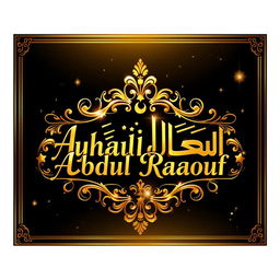 A stunning gold artwork featuring the name "Ayham Abdul Raouf" elegantly written in an ornate font, surrounded by intricate patterns and motifs