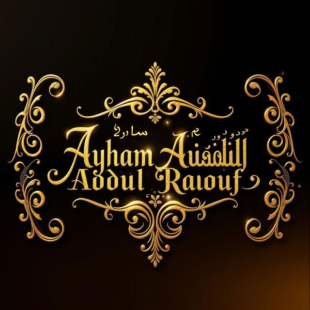 A stunning gold artwork featuring the name "Ayham Abdul Raouf" elegantly written in an ornate font, surrounded by intricate patterns and motifs