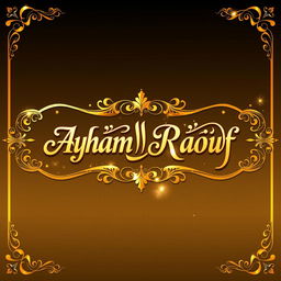 A stunning gold artwork featuring the name "Ayham Abdul Raouf" elegantly written in an ornate font, surrounded by intricate patterns and motifs