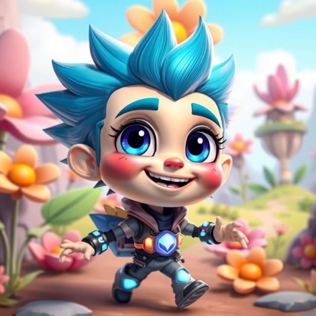 A unique animated character featuring a vibrant, colorful design, with big expressive eyes, exaggerated facial features, and a friendly smile