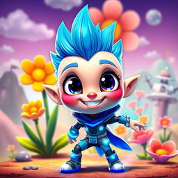 A unique animated character featuring a vibrant, colorful design, with big expressive eyes, exaggerated facial features, and a friendly smile