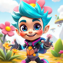 A unique animated character featuring a vibrant, colorful design, with big expressive eyes, exaggerated facial features, and a friendly smile