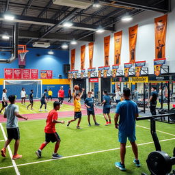 A vibrant sports club environment featuring diverse athletes engaged in various sports activities