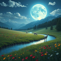 A surreal landscape featuring a giant, luminous moon casting a soft blue glow over a tranquil meadow