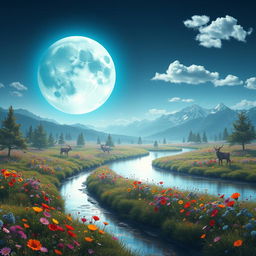 A surreal landscape featuring a giant, luminous moon casting a soft blue glow over a tranquil meadow
