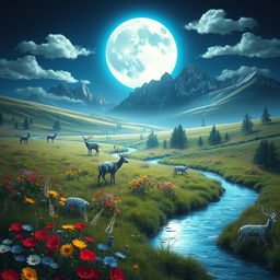 A surreal landscape featuring a giant, luminous moon casting a soft blue glow over a tranquil meadow