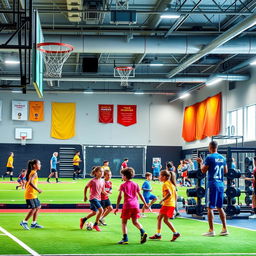 A vibrant sports club environment featuring diverse athletes engaged in various sports activities