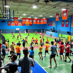 A vibrant sports club environment featuring diverse athletes engaged in various sports activities