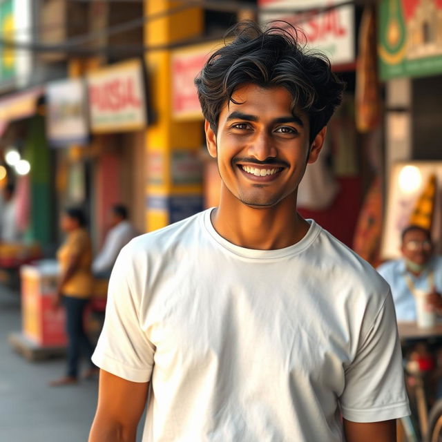 A Bengali man wearing a white t-shirt, standing confidently with a warm smile