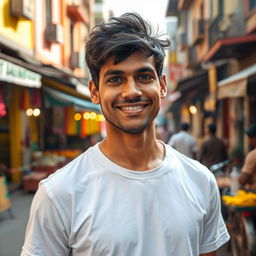 A Bengali man wearing a white t-shirt, standing confidently with a warm smile