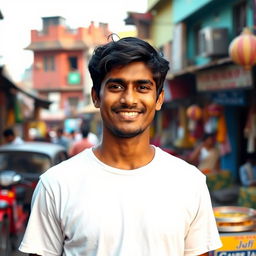 A Bengali man wearing a white t-shirt, standing confidently with a warm smile